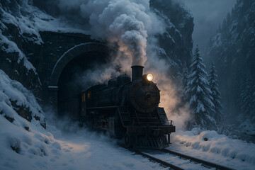 Dramatic steam train emerging from snowy mountain tunnel, perfect for historical fiction, winter travel, or vintage transport themes