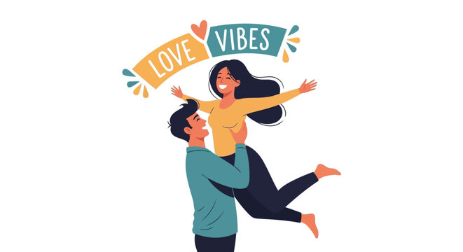 Joyful couple celebrating love and positive vibes with open arms and a playful embrace