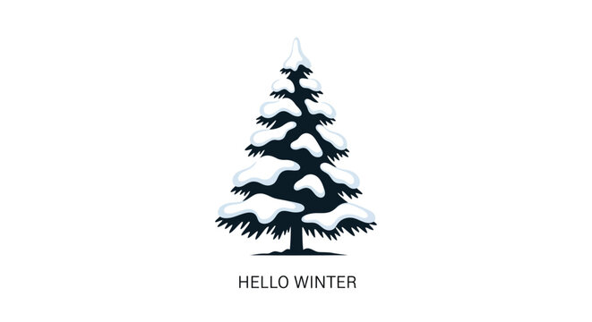 Stylized illustration of a dark green pine tree covered in fresh white snow with the text hello winter