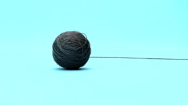 A close-up of a gray yarn ball on a vibrant blue background
