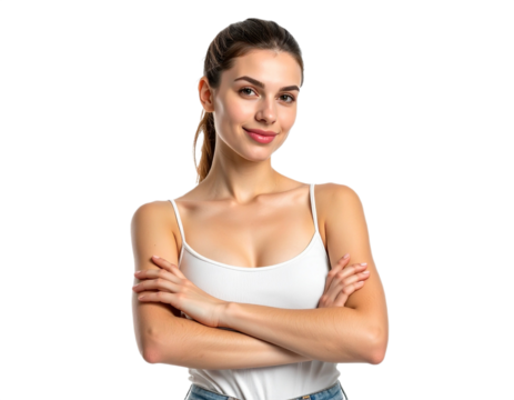 Smiling woman with arms crossed isolated on white background, transparent PNG