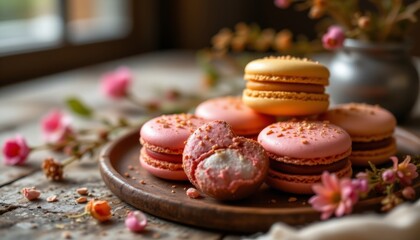 Colorful Macarons on Wooden Plate