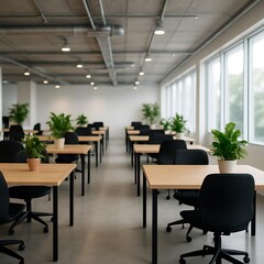 Fototapeta premium Modern open-plan office space, vacant desks, chairs, green plants, natural light.