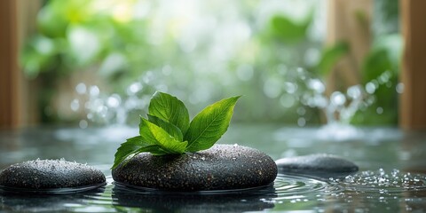 Green leaves with water on stones, emphasizing seasonal change and natural preservation