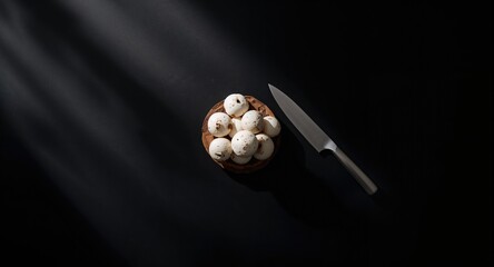 Fresh white champignon mushrooms arranged on a cutting board for culinary preparation, emphasizing food safety and hygiene practices