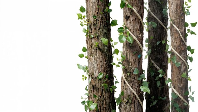 Large forest tree trunks with climbing vines and lush green leaves, suitable for nature background use, Earth Day