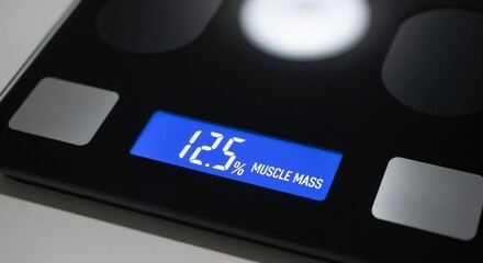 Electronic scale displaying low muscle mass percentage, muscle wasting disease concept