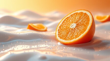 A vibrant orange half rests on a creamy white surface, with orange slices adding a refreshing touch to the scene