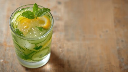 Glass of detox water with fresh fruit and herbs, suitable for health benefits, World Health Day