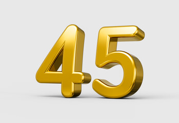 Golden metallic 3D number 45 with radiant polished smooth style. 3d illustration