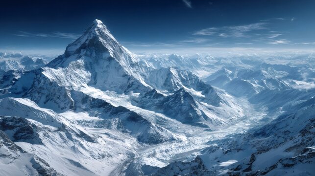 Himalayan mountain range with snow capped peaks and glaciers, vast winter landscape from an aerial view