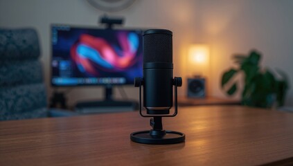 Modern microphone setup in a cozy studio designed for live streaming or gaming sessions, emphasizing focus on equipment maintenance