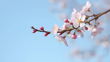 Shy plum buds and blossoms with yellow stamens on a thin branch, emphasizing early spring in Japan, seasonal change