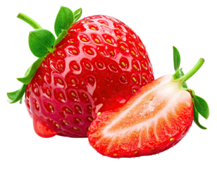 Two ripe strawberries one whole, the other halved, showing juicy red flesh