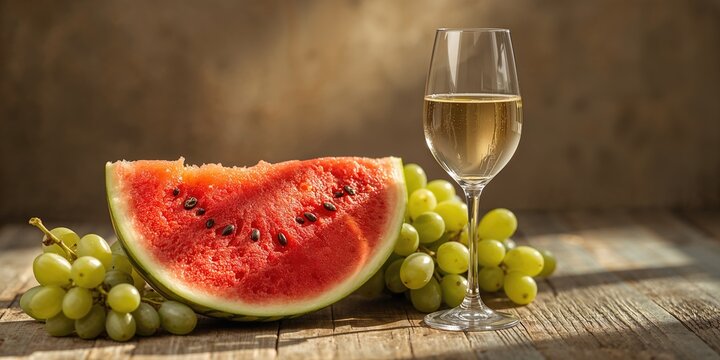 Pieces of watermelon and grapes in a drink, highlighting fresh fruit ingredients for a fruit-based beverage, Earth Day