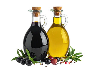 Two glass cruets, one dark, one light, with olives, herbs, and peppercorns