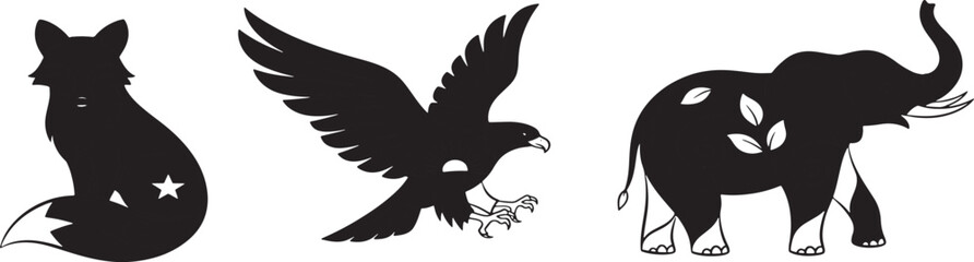 Minimal black animal silhouettes with nature cutout shapes – fox, eagle, and elephant icons