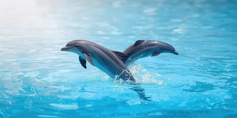 Fototapeta premium Dolphins swimming in a bright blue pool, emphasizing playful activity for World Dolphin Day