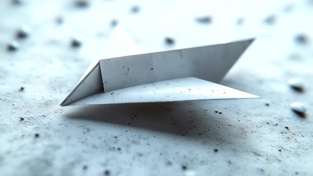 A close-up of a white paper airplane resting on a textured surface with scattered stones