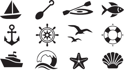 Beach Summer Icons – Surf, Waves, Steering Wheel, Sun Symbol Illustration