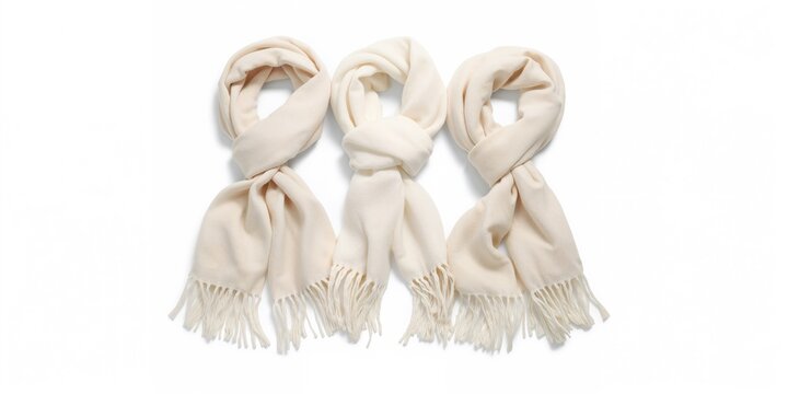 Set of white wool scarves with knotted designs arranged on a white background, suitable for textile pattern use