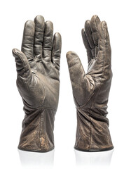 Pair of old leather gloves isolated on white background, transparent PNG