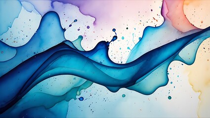 Abstract Watercolor Painting with Blue Flowing Forms and Pastel Colors