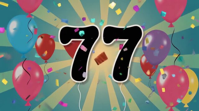 Number 77 surrounded by balloons. Festive video for birthday or anniversary party