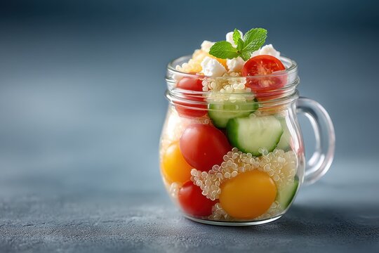Colorful quinoa salad with fresh cucumber and ripe tomatoes in a glass jar on a rustic background. Veganuary Day