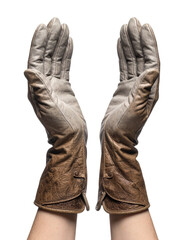 Hands wearing old leather gloves isolated on white background, transparent PNG