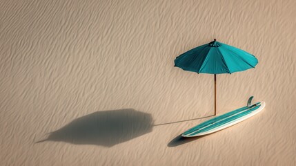 Teal Umbrella and Surfboard on Rippled Sand