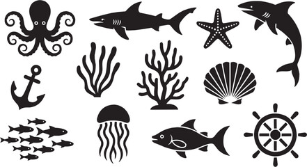 Shark and Coral Sea Life Silhouette – Marine Wildlife Ocean Illustration