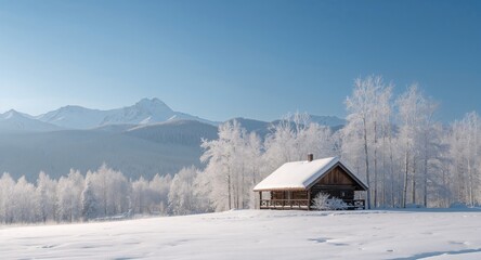 Winter scene with snow-covered cabin, frosted trees, and mountain background, emphasizing seasonal preservation