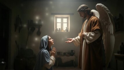 The Annunciation of the Virgin Mary by Archangel Gabriel. Biblical scene with Mary kneeling and Gabriel gesturing in a rustic room with divine light. Christmas Nativity concept