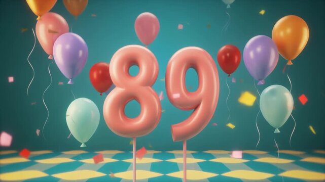 Number 89 surrounded by balloons. Festive video for birthday or anniversary party