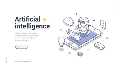 Artificial intelligence and machine learning technology concept with robot data analytics and neural network. Modern isometric web banner vector template for website app ui ux and landing page