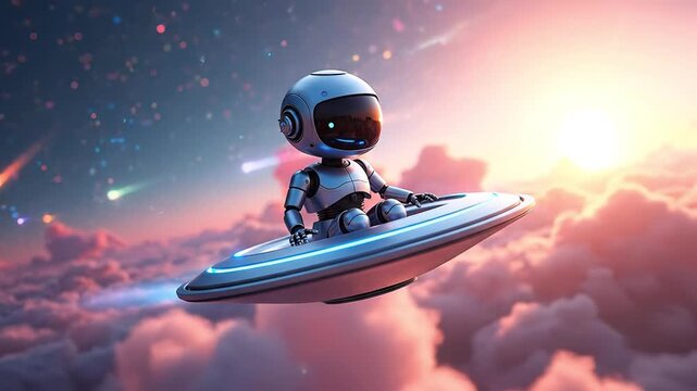 A small robot in a futuristic spaceship floats among colorful clouds. The scene captures a whimsical and imaginative concept of space travel.