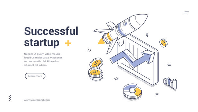 Successful startup business growth and technology development concept with rocket analytics graph and coins isometric web banner vector template for website application ui ux design