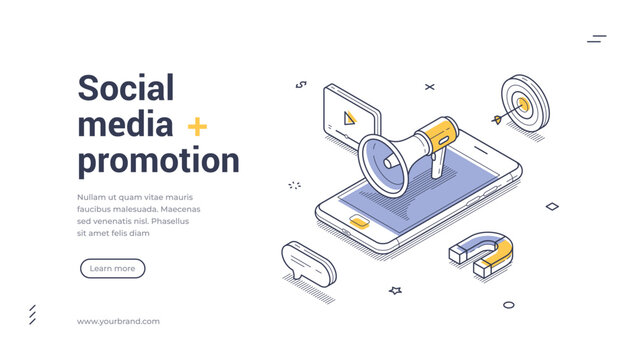 Social media promotion and digital marketing strategy concept with smartphone app analytics megaphone speaker targets arrows likes engagement advertising network isometric web banner vector template