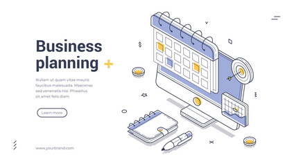 Business planning concept for strategy development, calendar management, and financial goal setting with notebook and coins. Modern isometric web banner vector template for website and application