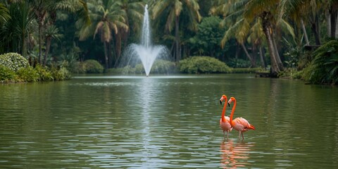 Two flamingos in a tropical park near a lake, emphasizing their habitat and summer scene, Earth Day