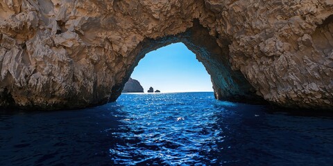 Natural limestone arch over the Blue Grotto with clear blue sky, scenic coastal formation for tourism photography