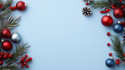 Blue background with red and blue Christmas decorations
