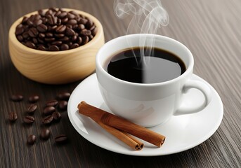 Fototapeta premium Steaming Coffee Cup with Coffee Beans and Cinnamon Sticks