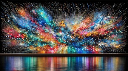 A vibrant, abstract display of fireworks bursting in a spectrum of colors against a black background, with their reflections shimmering on a dark water surface