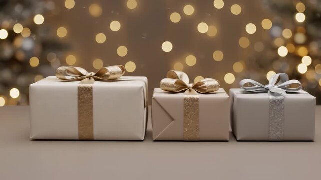 Elegant holiday scene with three beautifully wrapped gift boxes adorned with gold and silver ribbons, set against a warm, festive background of soft bokeh lights, capturing the essence of Christmas