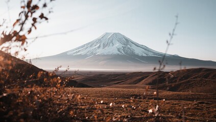 Snowy mountain backdrop with fallen brown leaves, emphasizing seasonal change and erosion risk, Earth Day