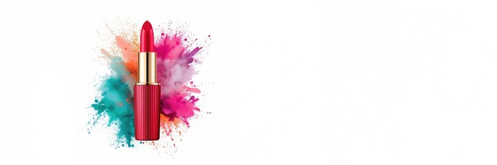 Bright red lipstick with powder explosion creating dynamic visual effects, focusing on makeup application techniques, World Lipstick Day