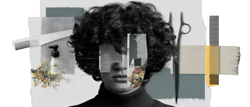 Collage Art Creative Hair Styling Collage with Nature and Tools Elements Isolate on Transparent Background, png
