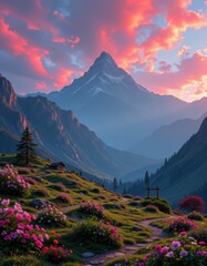 Mountain Landscape with Pink Sunset